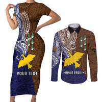 Custom Papua New Guinea Manus Province Couples Matching Short Sleeve Bodycon Dress and Long Sleeve Button Shirts PNG Birds Of Paradise Polynesian Arty Style LT03 Brown - Polynesian Pride