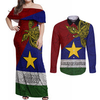 Papua New Guinea Milne Bay Province Couples Matching Off Shoulder Maxi Dress and Long Sleeve Button Shirts PNG Birds Of Paradise Polynesian Arty Style LT03 Blue - Polynesian Pride