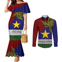 Custom Papua New Guinea Milne Bay Province Couples Matching Mermaid Dress and Long Sleeve Button Shirts PNG Birds Of Paradise Polynesian Arty Style LT03 Blue - Polynesian Pride