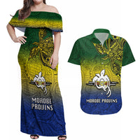 Papua New Guinea Morobe Province Couples Matching Off Shoulder Maxi Dress and Hawaiian Shirt PNG Birds Of Paradise Polynesian Arty Style LT03 Yellow - Polynesian Pride