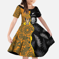 Custom New Zealand and Australia Rugby Championship 2024 Family Matching Tank Maxi Dress and Hawaiian Shirt Maori Warrior and Kangaroo Mascot with Fern Aboriginal LT03 Daughter's Dress Black - Polynesian Pride