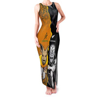 Custom New Zealand and Australia Rugby Championship 2024 Family Matching Tank Maxi Dress and Hawaiian Shirt Maori Warrior and Kangaroo Mascot with Fern Aboriginal LT03 Mom's Dress Black - Polynesian Pride