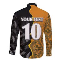 Custom New Zealand and Australia Rugby Championship 2024 Long Sleeve Button Shirt Maori Warrior and Kangaroo Mascot with Fern Aboriginal