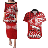 Tonga Rugby Couples Matching Puletasi Dress and Hawaiian Shirt Sipi Tau Dance Ngatu Pattern LT03 Red - Polynesian Pride