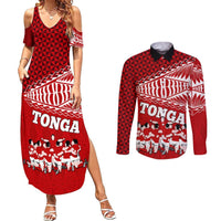 Tonga Rugby Couples Matching Summer Maxi Dress and Long Sleeve Button Shirts Sipi Tau Dance Ngatu Pattern LT03 Red - Polynesian Pride