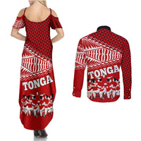 Tonga Rugby Couples Matching Summer Maxi Dress and Long Sleeve Button Shirts Sipi Tau Dance Ngatu Pattern LT03 - Polynesian Pride