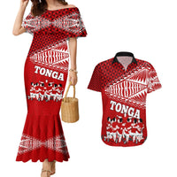 Personalised Tonga Rugby Couples Matching Mermaid Dress and Hawaiian Shirt Sipi Tau Dance Ngatu Pattern LT03 Red - Polynesian Pride