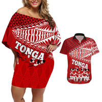 Personalised Tonga Rugby Couples Matching Off Shoulder Short Dress and Hawaiian Shirt Sipi Tau Dance Ngatu Pattern LT03 Red - Polynesian Pride