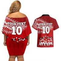 Personalised Tonga Rugby Couples Matching Off Shoulder Short Dress and Hawaiian Shirt Sipi Tau Dance Ngatu Pattern LT03 - Polynesian Pride