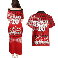 Personalised Tonga Rugby Couples Matching Puletasi Dress and Hawaiian Shirt Sipi Tau Dance Ngatu Pattern LT03 - Polynesian Pride