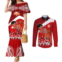 Tonga Rugby Couples Matching Mermaid Dress and Long Sleeve Button Shirts Sipi Tau Dance Coat of Arms Ngatu Pattern LT03 Red - Polynesian Pride