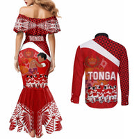 Tonga Rugby Couples Matching Mermaid Dress and Long Sleeve Button Shirts Sipi Tau Dance Coat of Arms Ngatu Pattern LT03 - Polynesian Pride