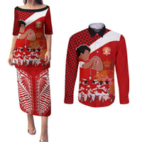 Tonga Rugby Couples Matching Puletasi Dress and Long Sleeve Button Shirts Sipi Tau Dance Coat of Arms Ngatu Pattern LT03 Red - Polynesian Pride