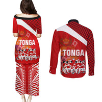 Tonga Rugby Couples Matching Puletasi Dress and Long Sleeve Button Shirts Sipi Tau Dance Coat of Arms Ngatu Pattern LT03 - Polynesian Pride