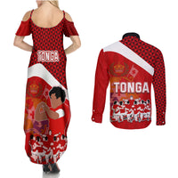 Tonga Rugby Couples Matching Summer Maxi Dress and Long Sleeve Button Shirts Sipi Tau Dance Coat of Arms Ngatu Pattern LT03 - Polynesian Pride