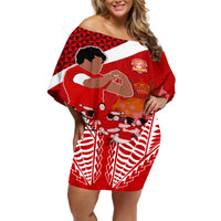Tonga Rugby Off Shoulder Short Dress Sipi Tau Dance Coat of Arms Ngatu Pattern LT03 Women Red - Polynesian Pride