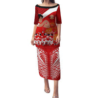Tonga Rugby Puletasi Sipi Tau Dance Coat of Arms Ngatu Pattern LT03 Long Dress Red - Polynesian Pride