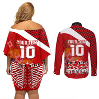 Personalised Tonga Rugby Couples Matching Off Shoulder Short Dress and Long Sleeve Button Shirts Sipi Tau Dance Coat of Arms Ngatu Pattern LT03 - Polynesian Pride