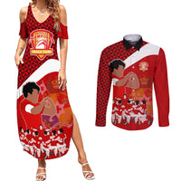 Personalised Tonga Rugby Couples Matching Summer Maxi Dress and Long Sleeve Button Shirts Sipi Tau Dance Coat of Arms Ngatu Pattern LT03 Red - Polynesian Pride