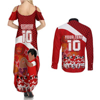 Personalised Tonga Rugby Couples Matching Summer Maxi Dress and Long Sleeve Button Shirts Sipi Tau Dance Coat of Arms Ngatu Pattern LT03 - Polynesian Pride