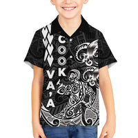 Cook Islands Vaa Polynesian Art Tattoo Family Matching Off The Shoulder Long Sleeve Dress and Hawaiian Shirt Black Color