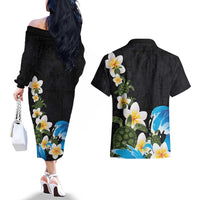 Hawaiian Plumeria and Turtle Couples Matching Off The Shoulder Long Sleeve Dress and Hawaiian Shirt with Polynesian Tribal Art Pattern Vintage Vibes