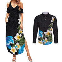 Hawaiian Plumeria and Turtle Couples Matching Summer Maxi Dress and Long Sleeve Button Shirt with Polynesian Tribal Art Pattern Vintage Vibes