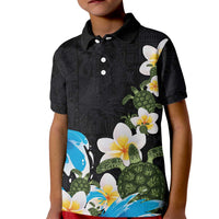 Hawaiian Plumeria and Turtle Kid Polo Shirt with Polynesian Tribal Art Pattern Vintage Vibes LT03 Kid Black - Polynesian Pride