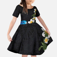 Hawaiian Plumeria and Turtle Kid Short Sleeve Dress with Polynesian Tribal Art Pattern Vintage Vibes LT03 KID Black - Polynesian Pride