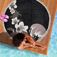 Hawaiian Plumeria and Turtle Beach Blanket with Polynesian Tribal Art Pattern Grayscale Color