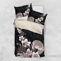 Hawaiian Plumeria and Turtle Bedding Set with Polynesian Tribal Art Pattern Grayscale Color