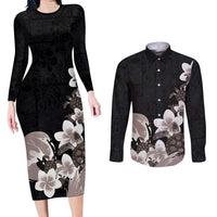 Hawaiian Plumeria and Turtle Couples Matching Long Sleeve Bodycon Dress and Long Sleeve Button Shirt with Polynesian Tribal Art Pattern Grayscale Color