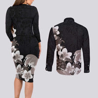 Hawaiian Plumeria and Turtle Couples Matching Long Sleeve Bodycon Dress and Long Sleeve Button Shirt with Polynesian Tribal Art Pattern Grayscale Color