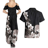 Hawaiian Plumeria and Turtle Couples Matching Summer Maxi Dress and Hawaiian Shirt with Polynesian Tribal Art Pattern Grayscale Color