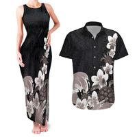 Hawaiian Plumeria and Turtle Couples Matching Tank Maxi Dress and Hawaiian Shirt with Polynesian Tribal Art Pattern Grayscale Color