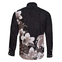 Hawaiian Plumeria and Turtle Family Matching Long Sleeve Bodycon Dress and Hawaiian Shirt with Polynesian Tribal Art Pattern Grayscale Color