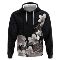 Hawaiian Plumeria and Turtle Hoodie with Polynesian Tribal Art Pattern Grayscale Color