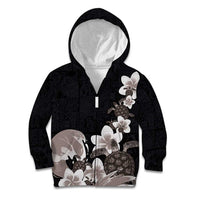 Hawaiian Plumeria and Turtle Kid Hoodie with Polynesian Tribal Art Pattern Grayscale Color LT03 Zip Hoodie Black - Polynesian Pride