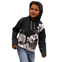 Hawaiian Plumeria and Turtle Kid Hoodie with Polynesian Tribal Art Pattern Grayscale Color LT03 - Polynesian Pride