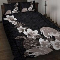 Hawaiian Plumeria and Turtle Quilt Bed Set with Polynesian Tribal Art Pattern Grayscale Color