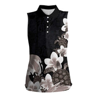 Hawaiian Plumeria and Turtle Women Sleeveless Polo Shirt with Polynesian Tribal Art Pattern Grayscale Color LT03 Female Black - Polynesian Pride