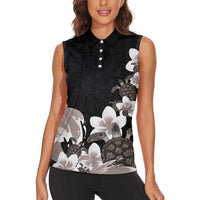 Hawaiian Plumeria and Turtle Women Sleeveless Polo Shirt with Polynesian Tribal Art Pattern Grayscale Color LT03 - Polynesian Pride
