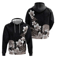 Hawaiian Plumeria and Turtle Zip Hoodie with Polynesian Tribal Art Pattern Grayscale Color