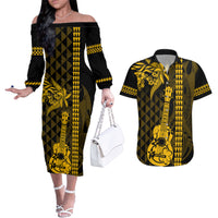 Custom Hawaii Couples Matching Off The Shoulder Long Sleeve Dress and Hawaiian Shirt Ukelele and Hula Girl Mix Kakau Pattern LT03 Yellow - Polynesian Pride