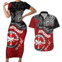 Maori Kotahitanga Couples Matching Short Sleeve Bodycon Dress and Hawaiian Shirt Aotearoa Spirit with Maori Mask and Polynesian Art Tattoo