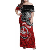 Maori Kotahitanga Family Matching Off Shoulder Maxi Dress and Hawaiian Shirt Aotearoa Spirit with Maori Mask and Polynesian Art Tattoo