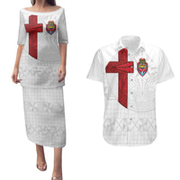Custom Tonga Ngatu Art Rugby Mate Ma'a Couples Matching Puletasi and Hawaiian Shirt LT03 White - Polynesian Pride