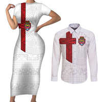 Custom Tonga Ngatu Art Rugby Mate Ma'a Couples Matching Short Sleeve Bodycon Dress and Long Sleeve Button Shirt - Polynesian Pride