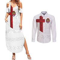 Custom Tonga Ngatu Art Rugby Mate Ma'a Couples Matching Summer Maxi Dress and Long Sleeve Button Shirt LT03 White - Polynesian Pride