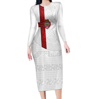 Custom Tonga Ngatu Art Rugby Mate Ma'a Family Matching Long Sleeve Bodycon Dress and Hawaiian Shirt LT03 Mom's Dress White - Polynesian Pride
